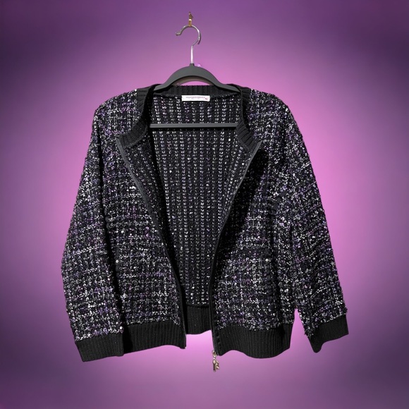 Allison Daley Petite Vintage L Purple, Black & Grey Tweed-like Zipper Jacket - Picture 2 of 8